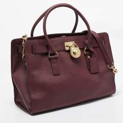 Pre Owned Michael Michael Kors Burgundy Leather Large East West Hamilton Tote