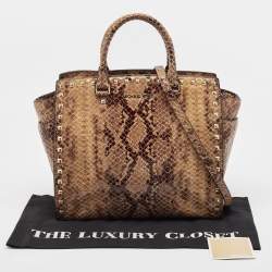 Pre Owned MICHAEL Michael Kors Beige Snakeskin Embossed Leather Large Selma Tote