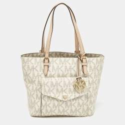 مملوكة مسبقًا MICHAEL Michael Kors White Signature Coated Canvas Jet Set Logo Pocket Tote
