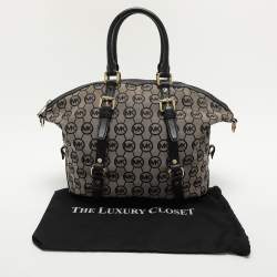 Pre Owned MICHAEL Michael Kors Beige/Black Monogram Canvas and Leather Bedford Satchel