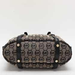 Pre Owned MICHAEL Michael Kors Beige/Black Monogram Canvas and Leather Bedford Satchel