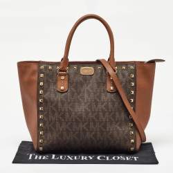 MICHAEL Michael Kors Brown Signature Coated Canvas and Leather Studded Sandrine Tote