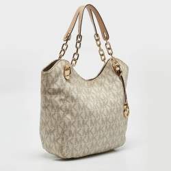 MICHAEL Michael Kors Off White/Beige Signature Coated Canvas and Leather Lillie Chain Hobo