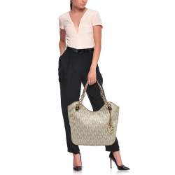 MICHAEL Michael Kors Off White/Beige Signature Coated Canvas and Leather Lillie Chain Hobo