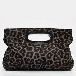 MICHAEL Michael Kors Black/Grey Leopard Print Calf Hair Berkley Clutch