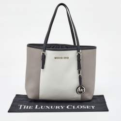 MICHAEL Michael Kors Grey/White Saffiano Leather Jet Set Tote