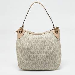 MICHAEL Michael Kors Beige/White Signature Coated Canvas Bedford Large Shoulder Bag