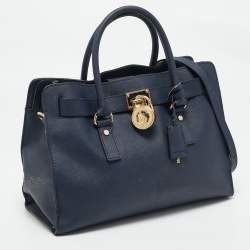 Pre Owned MICHAEL Michael Kors Navy Blue Leather Large East West Hamilton Tote