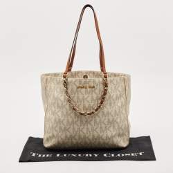 MICHAEL Michael Kors White/Brown Signature Coated Canvas and Leather Shopper Tote