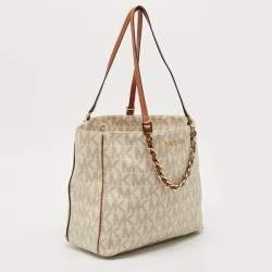 MICHAEL Michael Kors White/Brown Signature Coated Canvas and Leather Shopper Tote