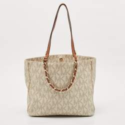 MICHAEL Michael Kors White/Brown Signature Coated Canvas and Leather Shopper Tote