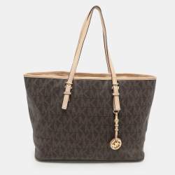MICHAEL Michael Kors Brown Coated Canvas And Leather Jet Set Travel Tote