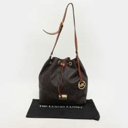 MICHAEL Michael Kors Dark Brown Signature Coated Canvas and Leather Frankie Drawstring Bucket Bag