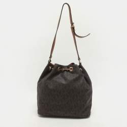 MICHAEL Michael Kors Dark Brown Signature Coated Canvas and Leather Frankie Drawstring Bucket Bag