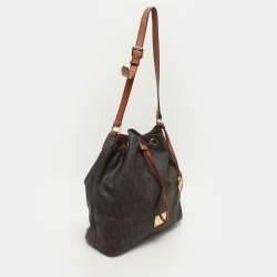 MICHAEL Michael Kors Dark Brown Signature Coated Canvas and Leather Frankie Drawstring Bucket Bag