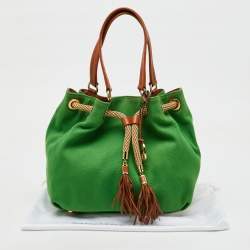 Pre Owned MICHAEL Michael Kors Green/Brown Canvas and Leather Marina Tassel Tote