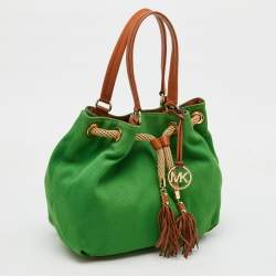 Pre Owned MICHAEL Michael Kors Green/Brown Canvas and Leather Marina Tassel Tote