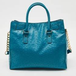MICHAEL Michael Kors Black Blue Ostrich Embossed Leather Large North South Hamilton Tote
