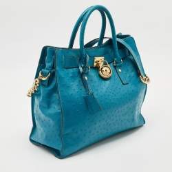 MICHAEL Michael Kors Black Blue Ostrich Embossed Leather Large North South Hamilton Tote