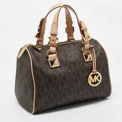 Pre Owned MICHAEL Michael Kors Brown/Beige Signature Coated Canvas and Leather Grayson Boston Bag