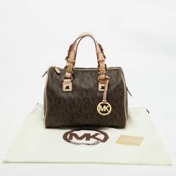 Pre Owned MICHAEL Michael Kors Brown/Beige Signature Coated Canvas and Leather Grayson Boston Bag