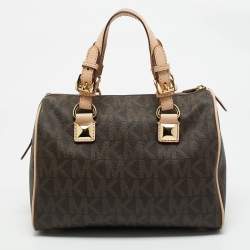 Pre Owned MICHAEL Michael Kors Brown/Beige Signature Coated Canvas and Leather Grayson Boston Bag