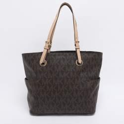 Pre Owned MICHAEL Michael Kors Dark Brown Signature Coated Canvas and Leather Jet Set Tote
