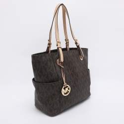 Pre Owned MICHAEL Michael Kors Dark Brown Signature Coated Canvas and Leather Jet Set Tote