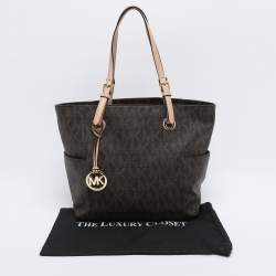 Pre Owned MICHAEL Michael Kors Dark Brown Signature Coated Canvas and Leather Jet Set Tote