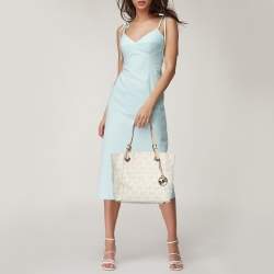 Pre Owned MICHAEL Michael Kors Off White/Beige Signature Coated Canvas and Leather Jet Set East West Tote