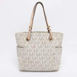 Pre Owned MICHAEL Michael Kors Off White/Beige Signature Coated Canvas and Leather Jet Set East West Tote