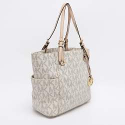 Pre Owned MICHAEL Michael Kors Off White/Beige Signature Coated Canvas and Leather Jet Set East West Tote