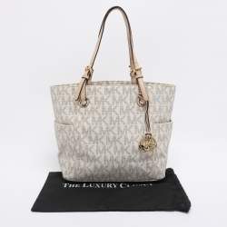 Pre Owned MICHAEL Michael Kors Off White/Beige Signature Coated Canvas and Leather Jet Set East West Tote