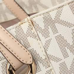 Pre Owned MICHAEL Michael Kors Off White/Beige Signature Coated Canvas and Leather Jet Set East West Tote