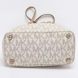 Pre Owned MICHAEL Michael Kors Off White/Beige Signature Coated Canvas and Leather Jet Set East West Tote