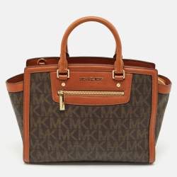 Pre Owned MICHAEL Michael Kors Brown Signature Coated Canvas And Leather Large Selma Tote