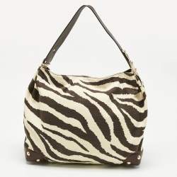Pre Owned MICHAEL Michael Kors Brown/Cream Zebra Print Canvas and Leather Hobo