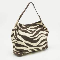 Pre Owned MICHAEL Michael Kors Brown/Cream Zebra Print Canvas and Leather Hobo