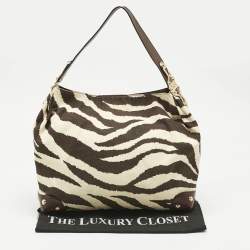 Pre Owned MICHAEL Michael Kors Brown/Cream Zebra Print Canvas and Leather Hobo