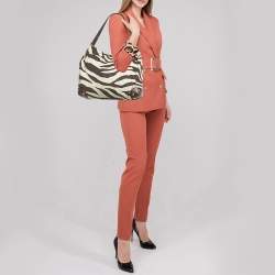 Pre Owned MICHAEL Michael Kors Brown/Cream Zebra Print Canvas and Leather Hobo