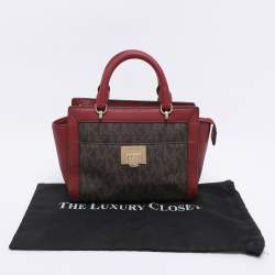 Pre Owned MICHAEL Michael Kors Brown/Red Signature Coated Canvas and Leather Tina Satchel