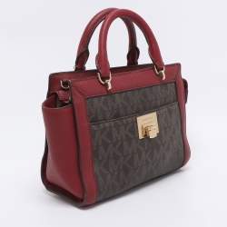 Pre Owned MICHAEL Michael Kors Brown/Red Signature Coated Canvas and Leather Tina Satchel