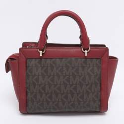 Pre Owned MICHAEL Michael Kors Brown/Red Signature Coated Canvas and Leather Tina Satchel