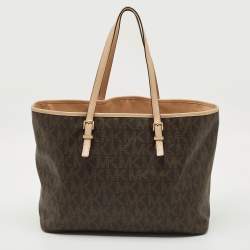 Pre Owned MICHAEL Michael Kors Dark Brown Signature Coated Canvas Large Jet Set Travel Tote