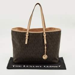 Pre Owned MICHAEL Michael Kors Dark Brown Signature Coated Canvas Large Jet Set Travel Tote