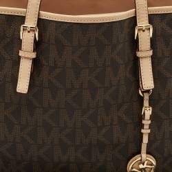 Pre Owned MICHAEL Michael Kors Dark Brown Signature Coated Canvas Large Jet Set Travel Tote