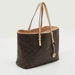 Pre Owned MICHAEL Michael Kors Dark Brown Signature Coated Canvas Large Jet Set Travel Tote