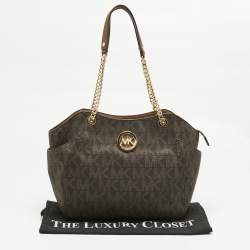 Pre Owned MICHAEL Michael Kors Brown Signature Coated Canvas Jet Set Travel Chain Tote