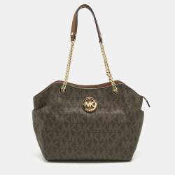 Pre Owned MICHAEL Michael Kors Brown Signature Coated Canvas Jet Set Travel Chain Tote