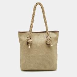 Pre Owned MICHAEL Michael Kors Gold/Brown Shimmer Canvas Knotted Handle Tote